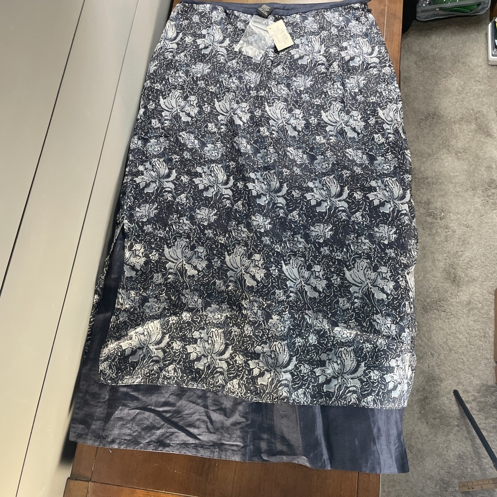 Peruvian Connection Women's Skirt 10 Floral Midi 100% Silk Linen Blend Blue NWT